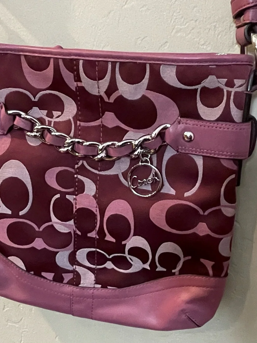 Berry pink mauve Signature-Print Crossbody Shoulder Bag sateen leather silver